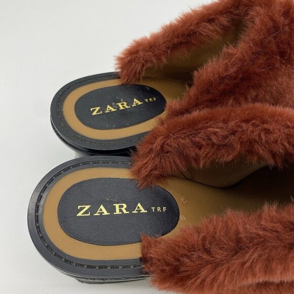 Zara Faux Fur Block Heel Mules Womens Size 38 Slip On Open Toe Sandals Burnt Red - Picture 4 of 12